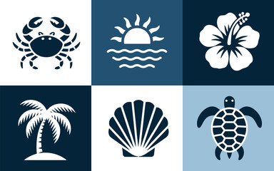 Obraz premium A professional and clean collection of high contrast navy blue beach icons featuring a crab, sun, flower, palm, shell, and turtle.