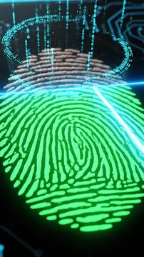 Futuristic fingerprint scan on glowing dark glass, illuminated by sweeping neon blue and green light, symbolizing data privacy and digital security.