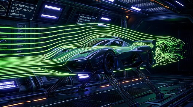 Sleek futuristic sports car undergoing aerodynamic wind tunnel flow testing