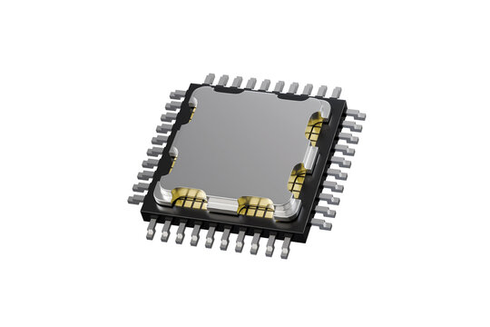 3d cpu chip icon. processor concept. realistic metallic style for tech ads. hardware visual isolated on white transparent background. 3d render.