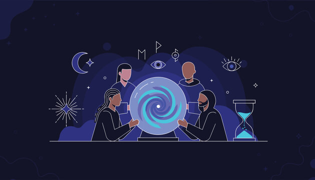 Mysterious team of wizards look into magical glowing crystal ball predicting future destiny under starry night sky.