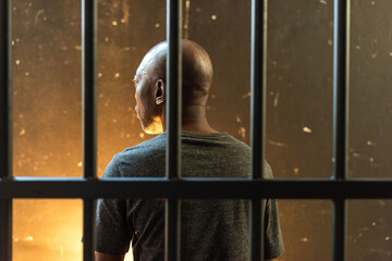 Person in a dimly lit room viewed through bars, facing away. © Rawpixel.com