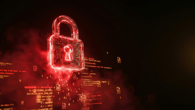 Luminous innovation glowing red padlock hologram with code streams data files perfect for cybersecurity editorial advertising banner