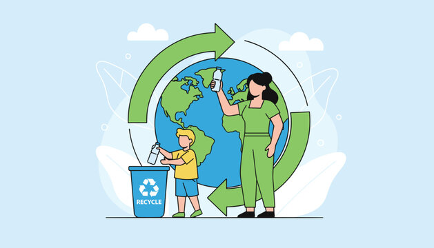 Mother and child recycling plastic bottles to save the planet with a green recycling arrow symbol and globe in the background.