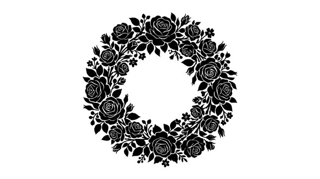 Black rose wreath silhouette floral circular frame vector illustration