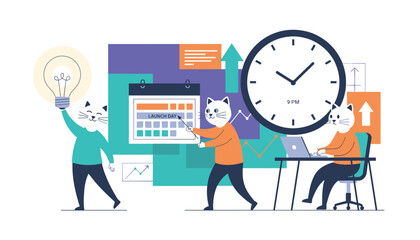 Obraz premium Group of cartoon cats working late to organize launch day project with big clock, calendar, laptop, and lightbulb idea.