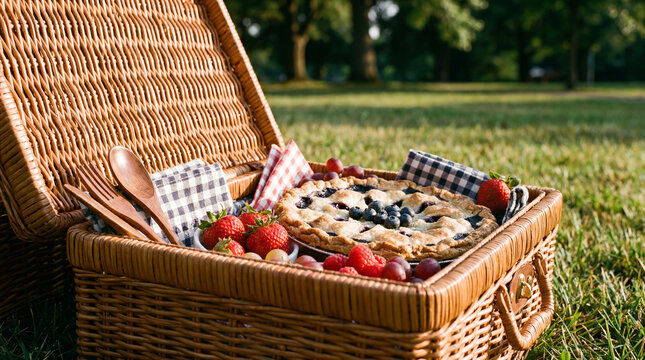Summer picnic basket opened with blueberry pie food on grass for food nutrition lifestyle outdoor recreation product promotion design
