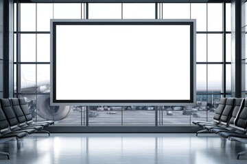 Fototapeta premium Empty digital billboard at airport terminal, with plane visible through window