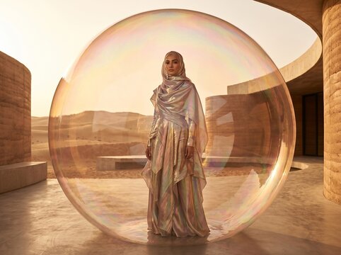 Woman in Hijab Standing Inside Glowing Sphere Desert