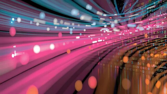 Futuristic abstract visualization of big data streams with flowing colorful data patterns, binary code elements, advanced analytics interfaces, machine learning systems, digital processing networks, a