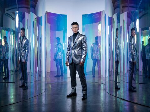 Man in Metallic Blazer Surrounded by Mirror Reflections
