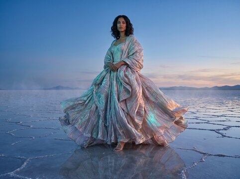 Woman in Elegant Gown Standing in Shallow Water at Sunset