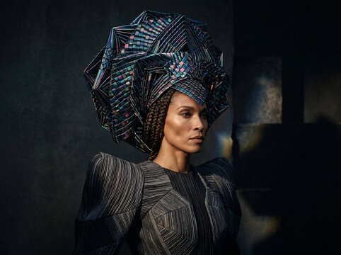 Woman in Futuristic Geometric Headdress Portrait