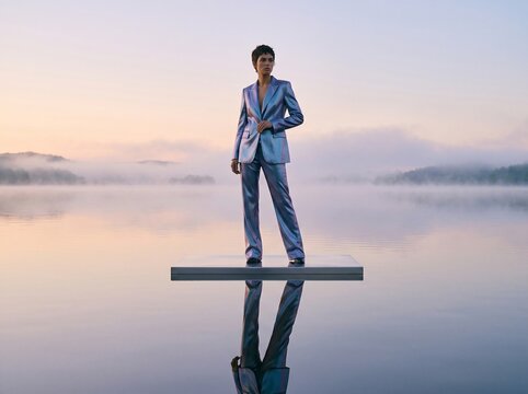 Businesswoman Standing on Platform Over Water