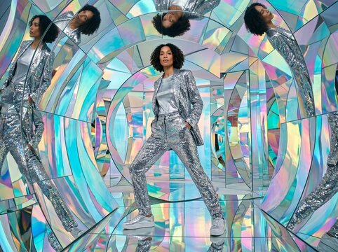 Woman in Sequin Suit in Holographic Mirror Tunnel