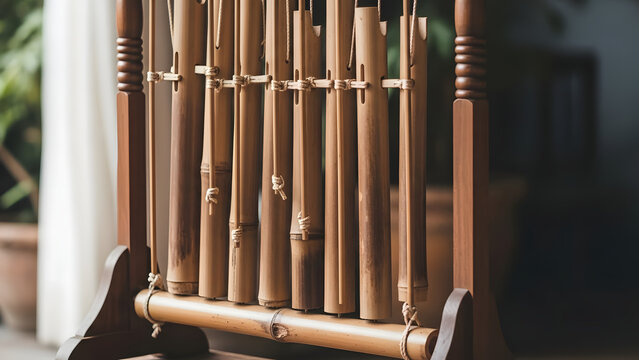 Traditional Indonesian Angklung Bamboo Tubes Musical Instrument Displayed on a Wooden Frame in a Domestic Interior Setting