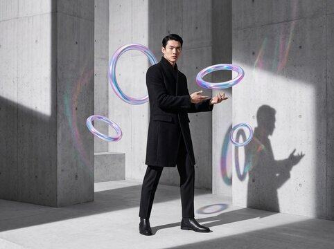 Man Juggling Digital Light Rings in Modern Space