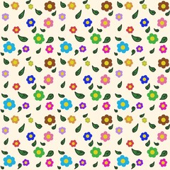 Obraz premium Cute floral seamless pattern vector with colorful retro small flowers and green leaves on a cream background 