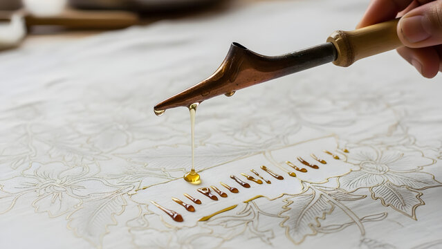 Batik artist applying hot wax to patterned white fabric using a traditional copper tjanting tool