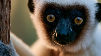 Fototapeta premium A sifaka lemur was peering down from a vine, looking curious