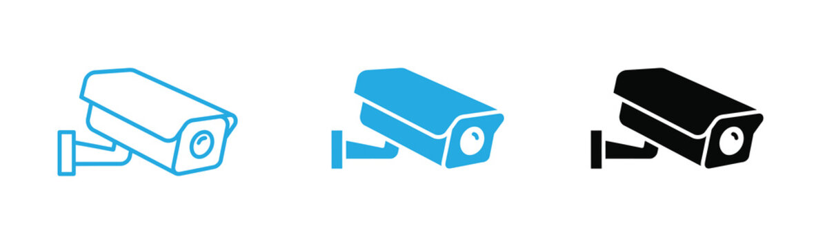 Security camera icons in blue and black on white background for safety and surveillance concepts vector illustration .