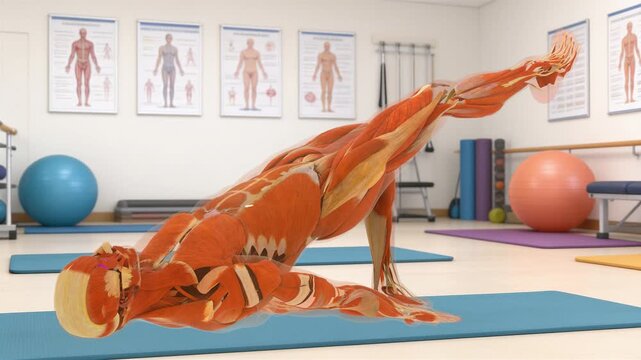 Myology Framework Diagram Glute Bridge Rehabilitation Three Quarter Perspective Angle Physical Therapy Studio Interior