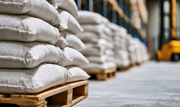 Stacked sacks of white powder on wooden pallets in a warehouse