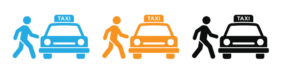  People walking icons of towards taxis in blue orange and black vector illustration . © Afroja