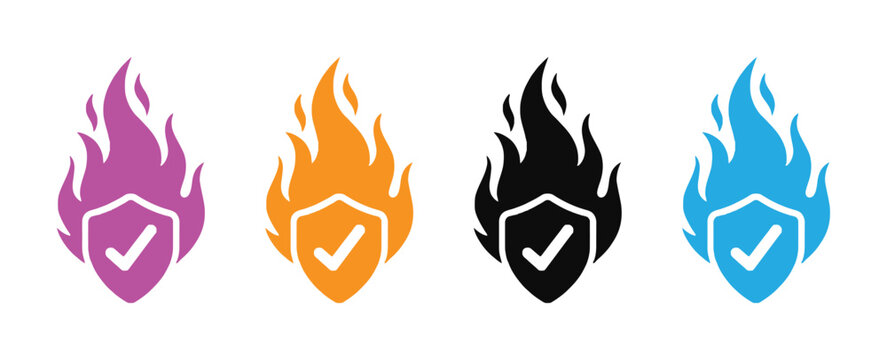 Colorful shield icons with flames and checkmarks for security and protection concepts vector illustration