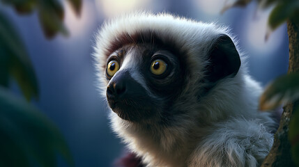 Fototapeta premium A sifaka lemur at dusk, with bright yellow eyes