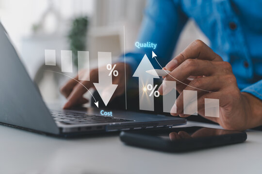 Human with control quality and cost optimization, price and value, product and services to improve customer, business project management strategy, business, budget cost, marketing, management quality