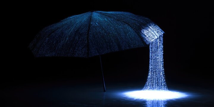 Blue umbrella raining water at night, creating a glowing pool