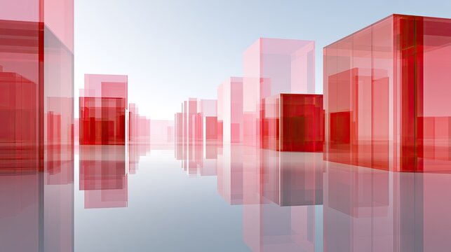 Translucent red geometric blocks create a futuristic, abstract cityscape reflecting on water