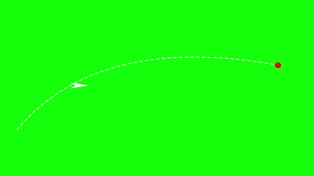White dashed arrow following a curved trajectory path towards a red destination point video animation motion