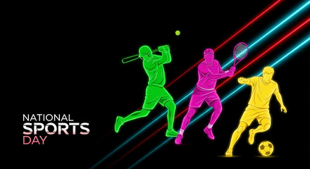 Neon-colored silhouettes of athletes playing baseball, tennis, and soccer on a dark background, representing athletic activity and national sports day