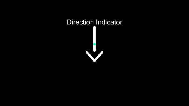 Direction indicator arrow motion graphic showing a pulsating teal dot on a clean black video clip