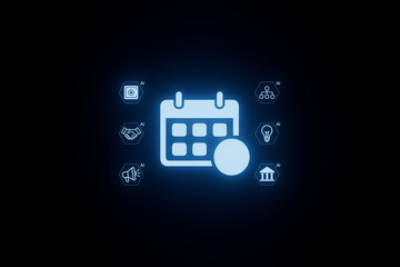Fototapeta premium Digital calendar icon with supporting symbols representing various activities and concepts related to time management and technology