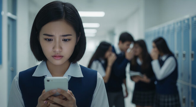 Young girl with sad expression looking at phone, surrounded by whispering students, symbolizing bullying and social isolation in school, representing peer pressure and emotional distress
