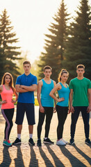Fototapeta premium A group of young people in athletic wear stands in a park during golden hour, symbolizing health and teamwork, suitable for fitness or outdoor lifestyle content