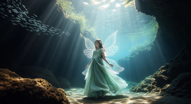 Ethereal winged woman in a flowing gown amidst a school of fish and sunlit underwater cave, symbolizing fantasy, enchantment, and the ocean's mystery.