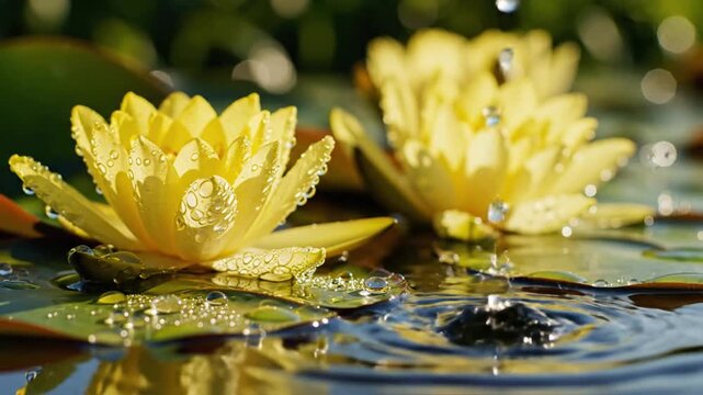 Yellow water lilies with water droplets blooming in a sunlit pond with reflections