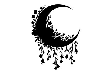 Naklejka premium Floral Crescent Moon Silhouette with Botanical Vines and Hanging Flowers