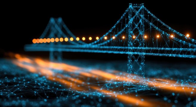 Digital bridge illuminated by glowing orange data streams against dark background