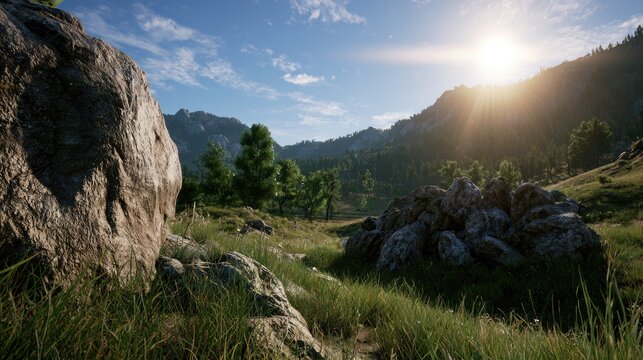 Sunlit alpine meadow with rocky outcrops and evergreen forest