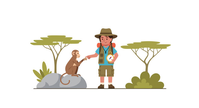 A young explorer with a backpack and compass points his finger toward a small monkey sitting on a rock in a savanna landscape with flat-top trees.