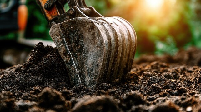 Excavator bucket scoops rich, dark soil in warm sunlight