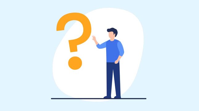 Confused man thinking next to a question mark animation