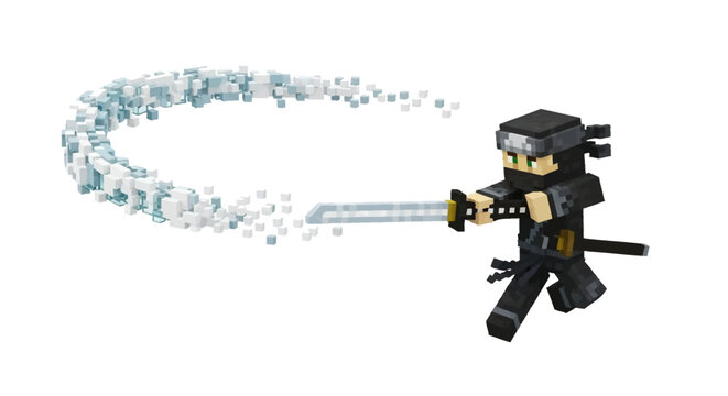 Blocky ninja warrior performing a sword slash with swoosh vector