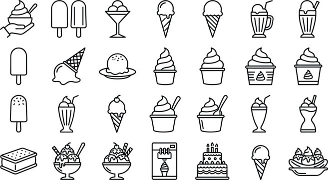 Ice Cream Line Icon Set with Sweet Popsicle Gelato Waffle Cone Milkshake and Dessert Symbols for Cafe Menu and Restaurant Designs