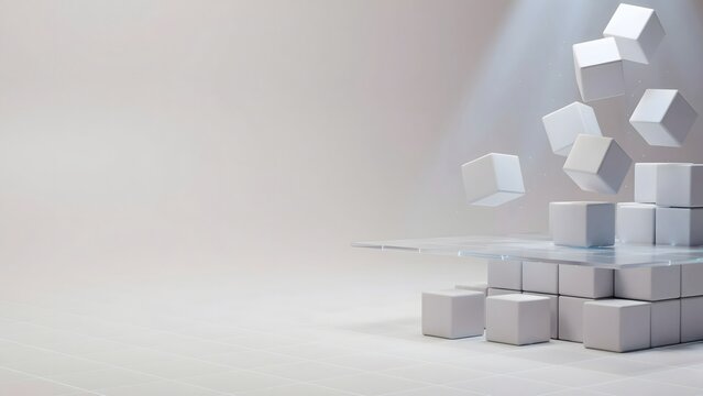 Floating white cube platform with blue grid &ndash; Great for digital platform hosting, software as a service banners, or enterprise network space.